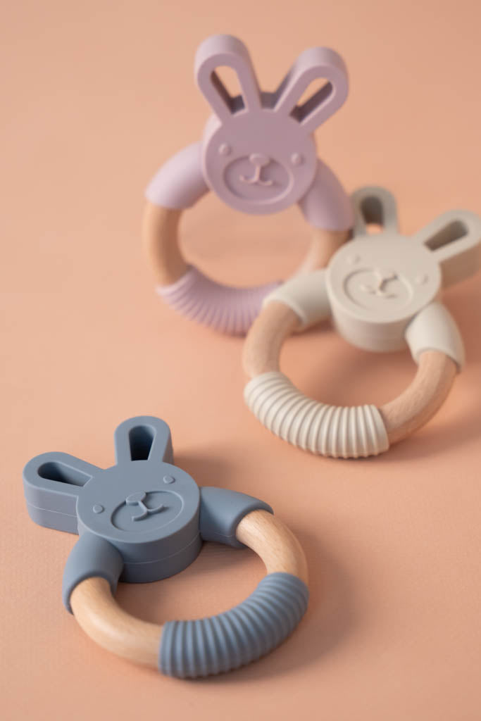 Silicone and Wood Pink Bunny Teething Ring