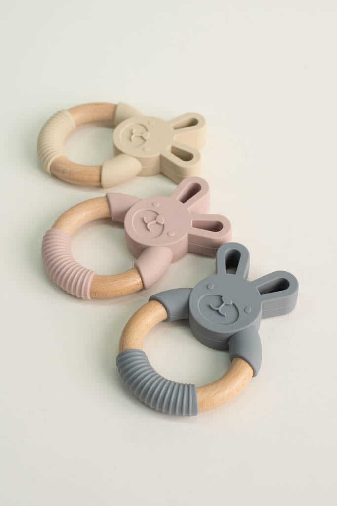 Silicone and Wood Pink Bunny Teething Ring