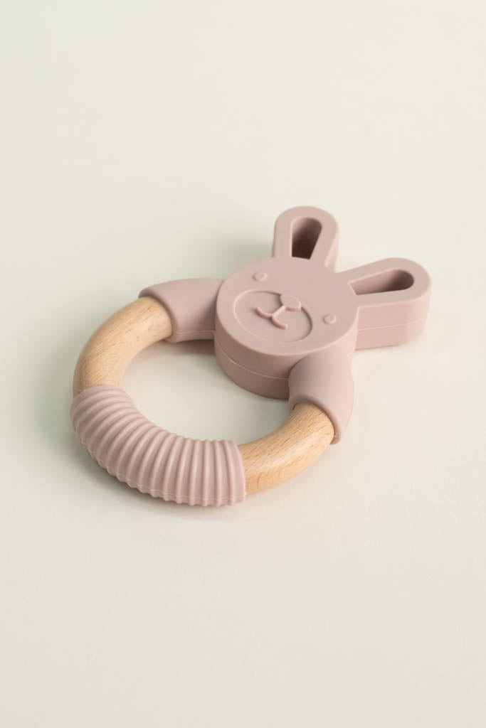 Silicone and Wood Pink Bunny Teething Ring
