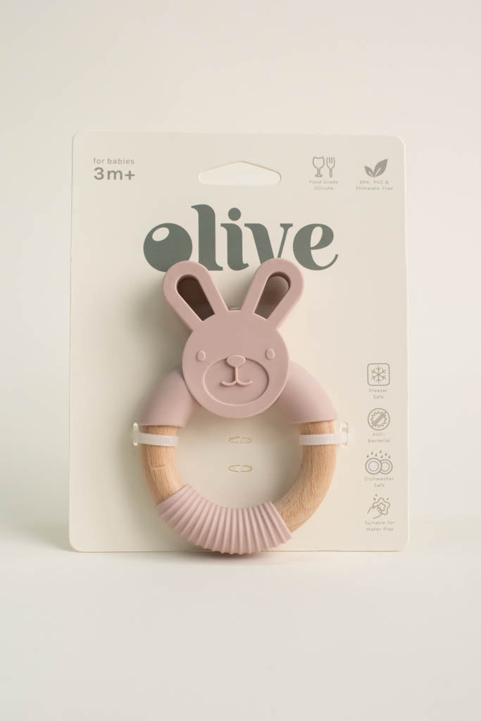 Silicone and Wood Pink Bunny Teething Ring